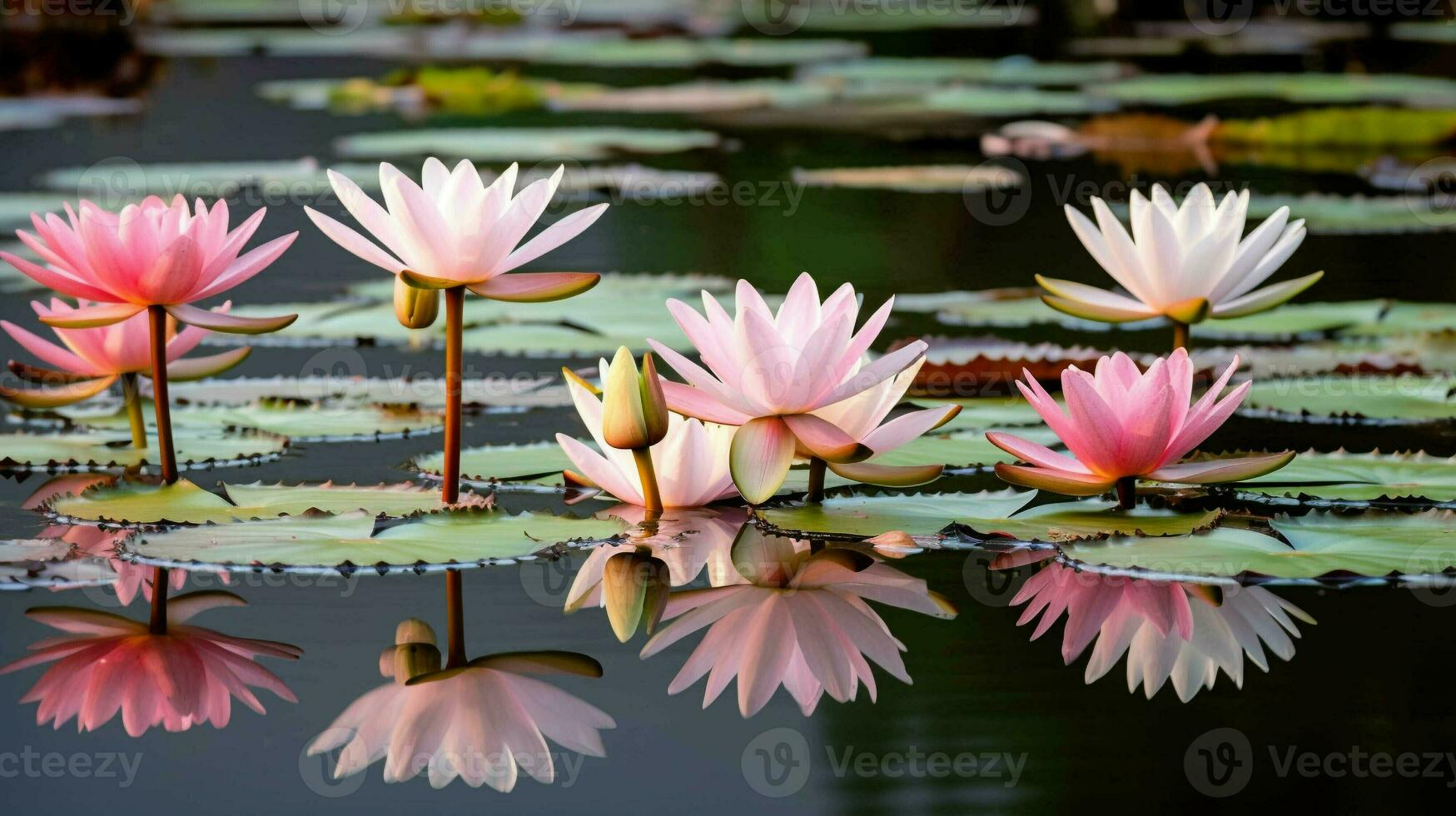 Beauty blossom lotus flower in pond and reflection on surface. generative ai. photo