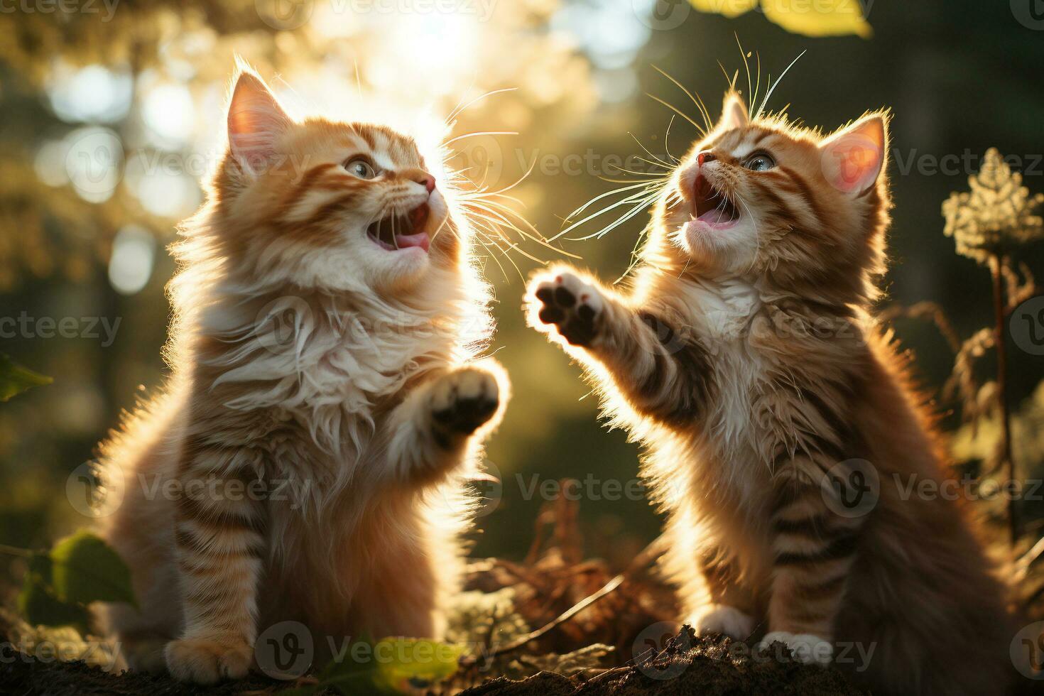2 cats fighting each other paw jump outdoor environment. Generative AI. photo