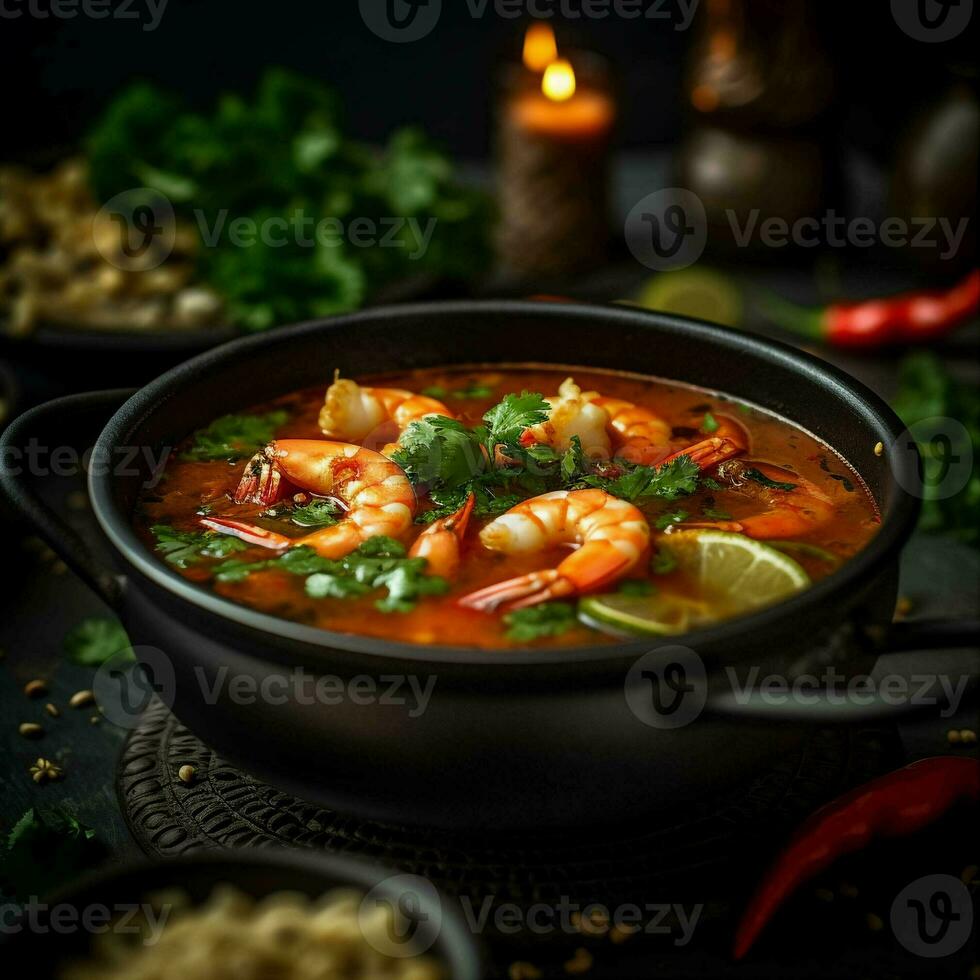 Tom Yam Kung ,Prawn and lemon soup with mushrooms, thai food in bowl. Generative Ai. photo