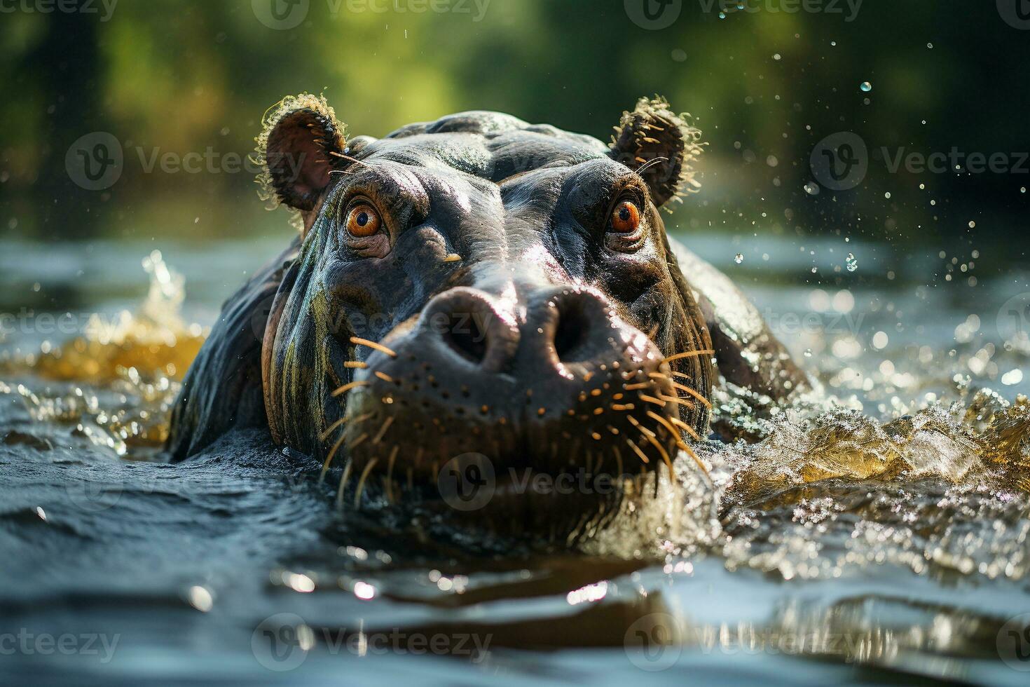 The common hippopotamus or hippo lying in water. Generative AI. photo