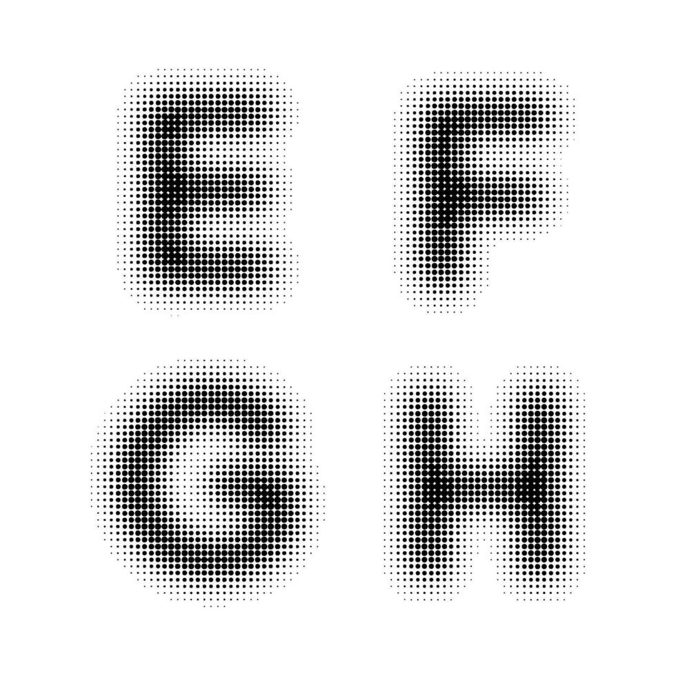 Collection of halftone vector EFGH letters templates. gradient dot design. Isolated black dots