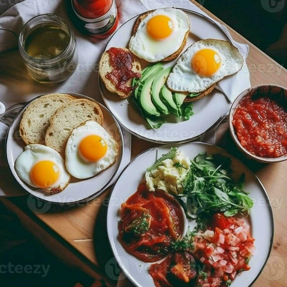 Healthy breakfast set on table. The concept of delicious and healthy food. generative ai. photo
