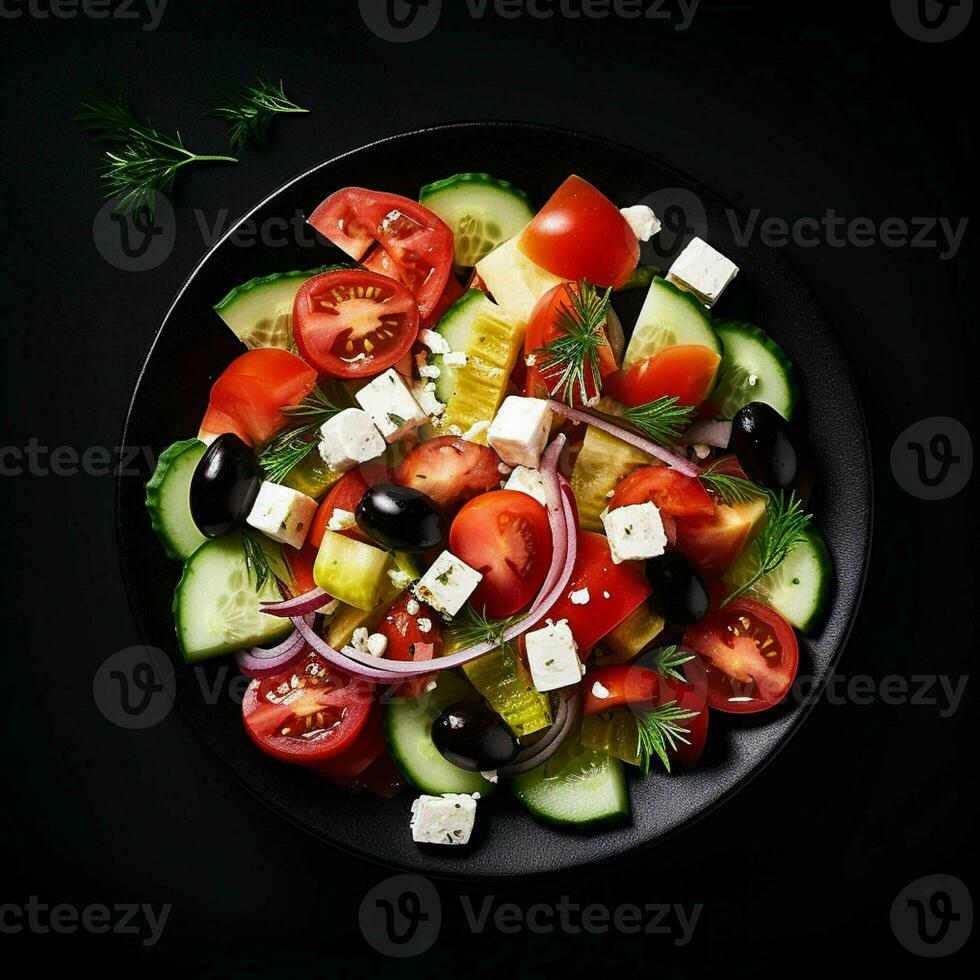 Healthy green salad with fresh tomato, cucumber, red onion and lettuce in bowl on dark stone background. Top view. generative ai. photo