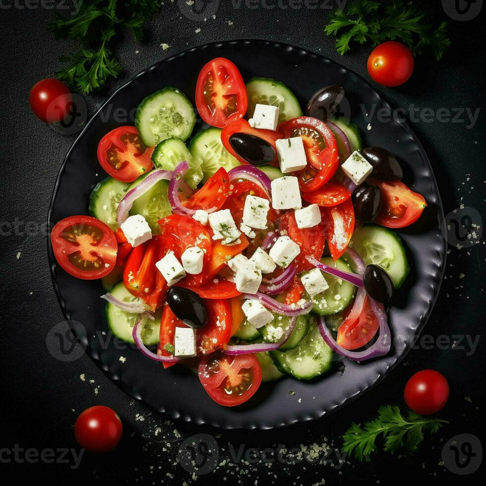 Healthy green salad with fresh tomato, cucumber, red onion and lettuce in bowl on dark stone background. Top view. generative ai. photo