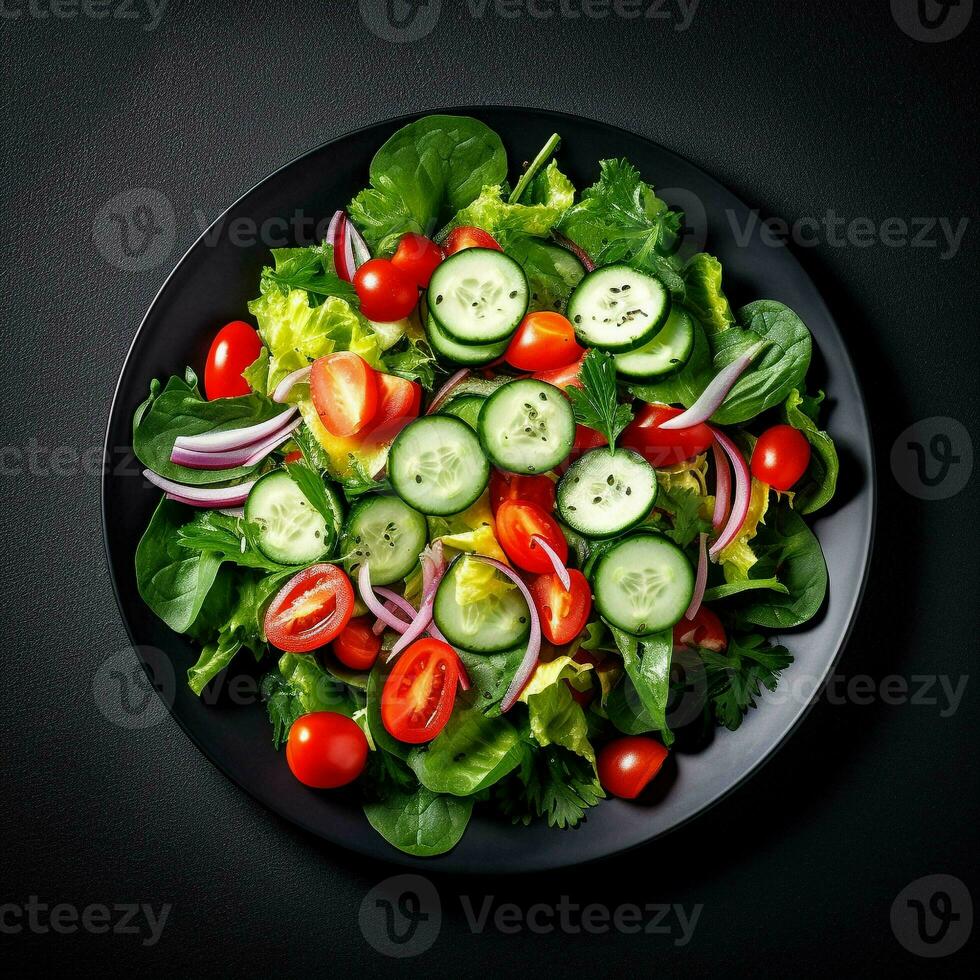 Healthy green salad with fresh tomato, cucumber, red onion and lettuce in bowl on dark stone background. Top view. generative ai. photo