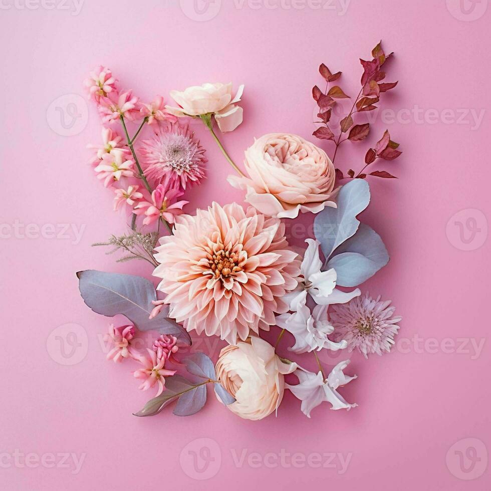 pink flowers in flatlay on pink background with copy space, top view. generative ai. photo