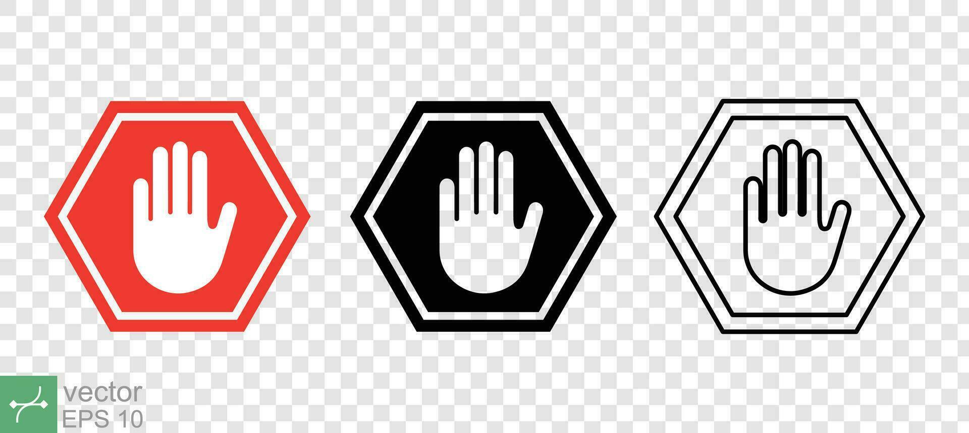 Red stop road sign with big hand icon collection. Warning traffic symbol, halt, forbidden concept. Simple flat, solid, line style. Vector illustration isolated. EPS 10.