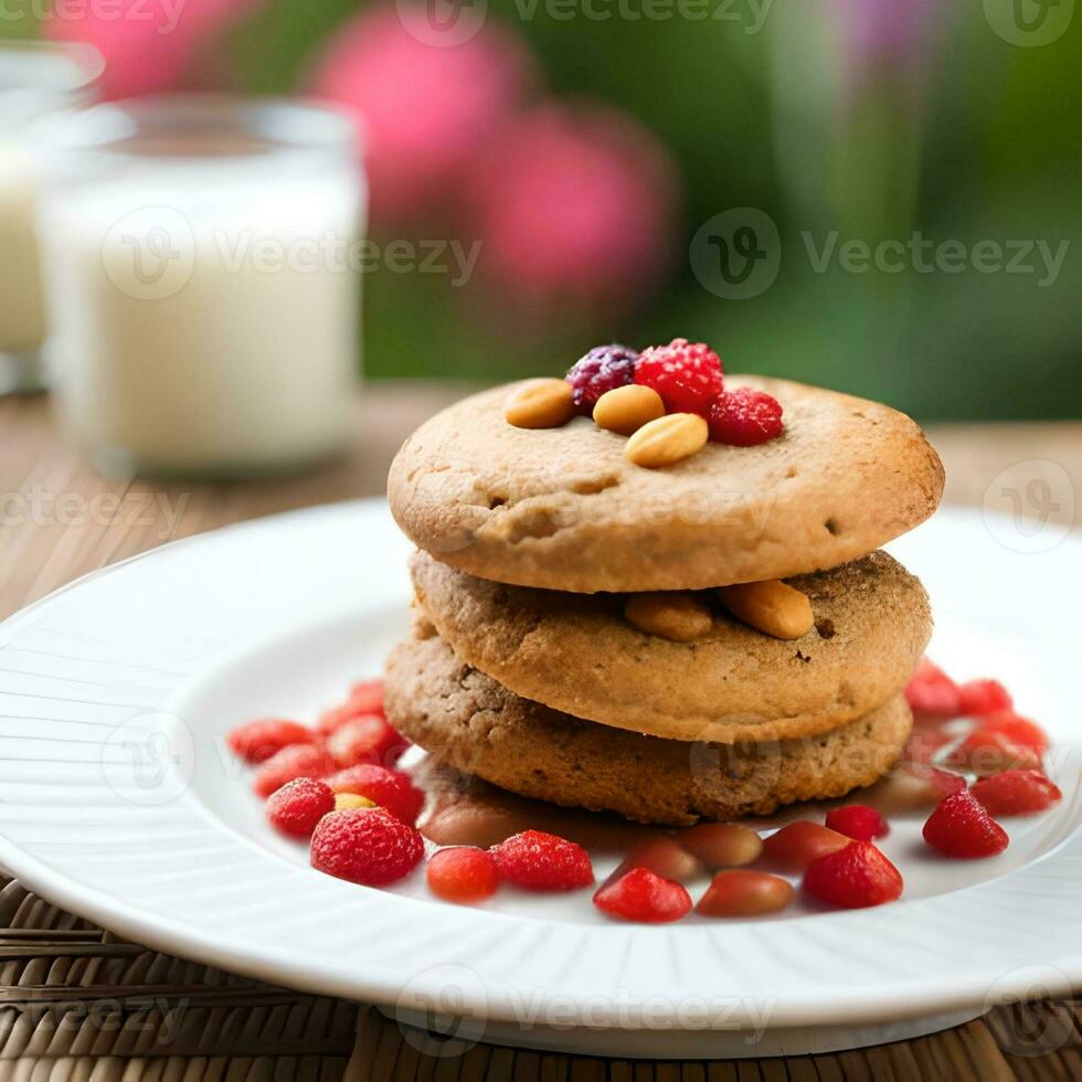 Biscuits with colorful toppings of various flavors, served on a plate on a plain and natural background, great for brands, restaurants, companies, food businesses. The concept of generative Ai photo