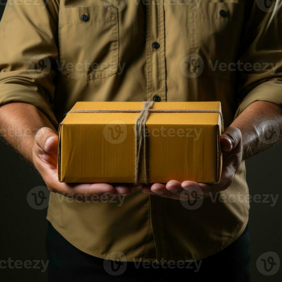 Courier brings cardboard boxes to customers, delivery service to customers, packing cardboard boxes. Great for business, giving, job career, websites, services. Generative Ai concept photo