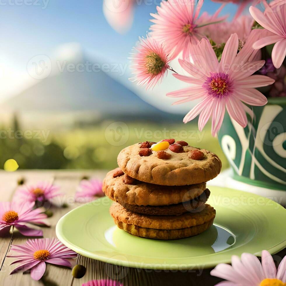 Biscuits with colorful toppings of various flavors, served on a plate on a plain and natural background, great for brands, restaurants, companies, food businesses. The concept of generative Ai photo