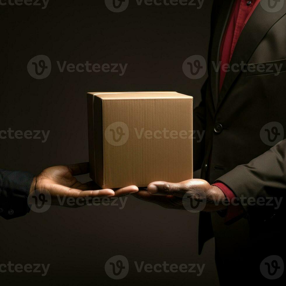 Courier brings cardboard boxes to customers, delivery service to customers, packing cardboard boxes. Great for business, giving, job career, websites, services. Generative Ai concept photo
