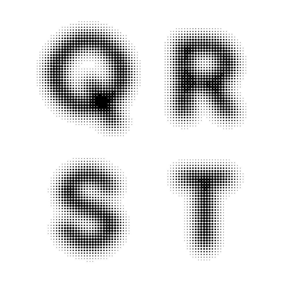 Collection of halftone vector QRST letters templates. gradient dot design. Isolated black dots