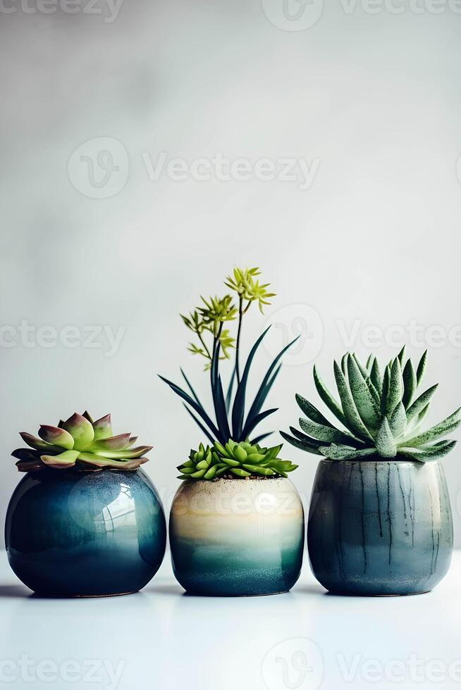 ceramic containers with succulents on the table, with . photo