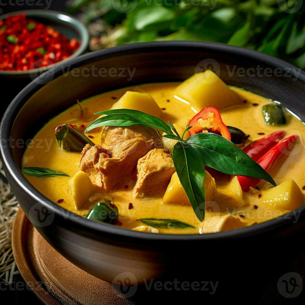 Thai food yellow curry in white bowl. On the table. generative ai. photo