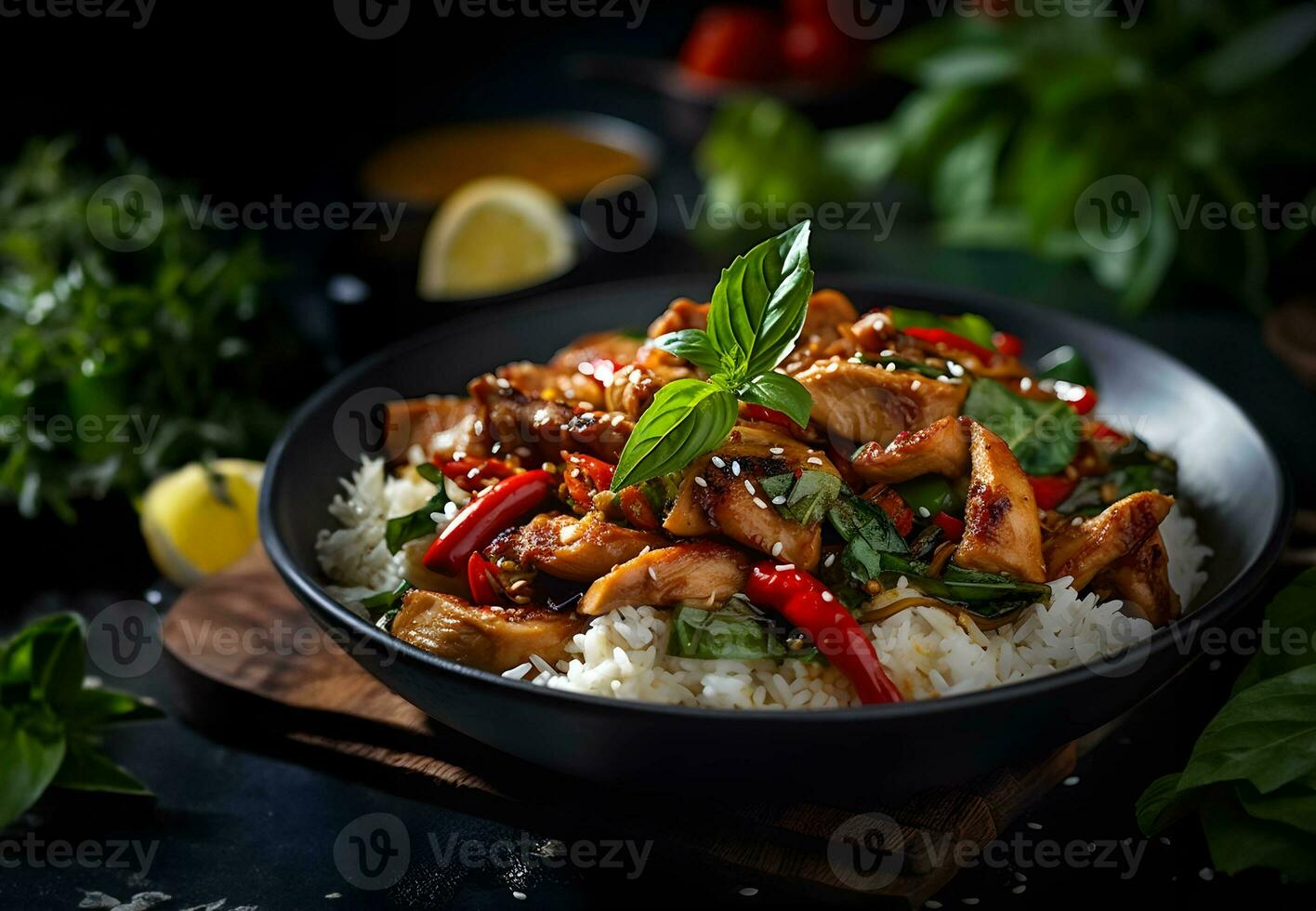 Close up Stir-Fried sliced chicken breast with Basil on black plate. Generative Ai. photo