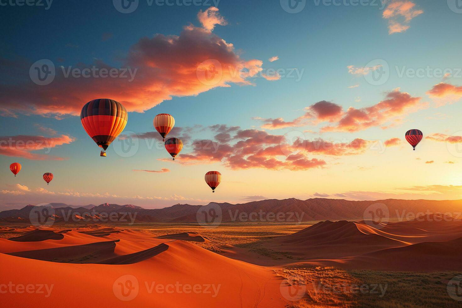 Hot air balloons in the desert at sunset background. generative ai photo