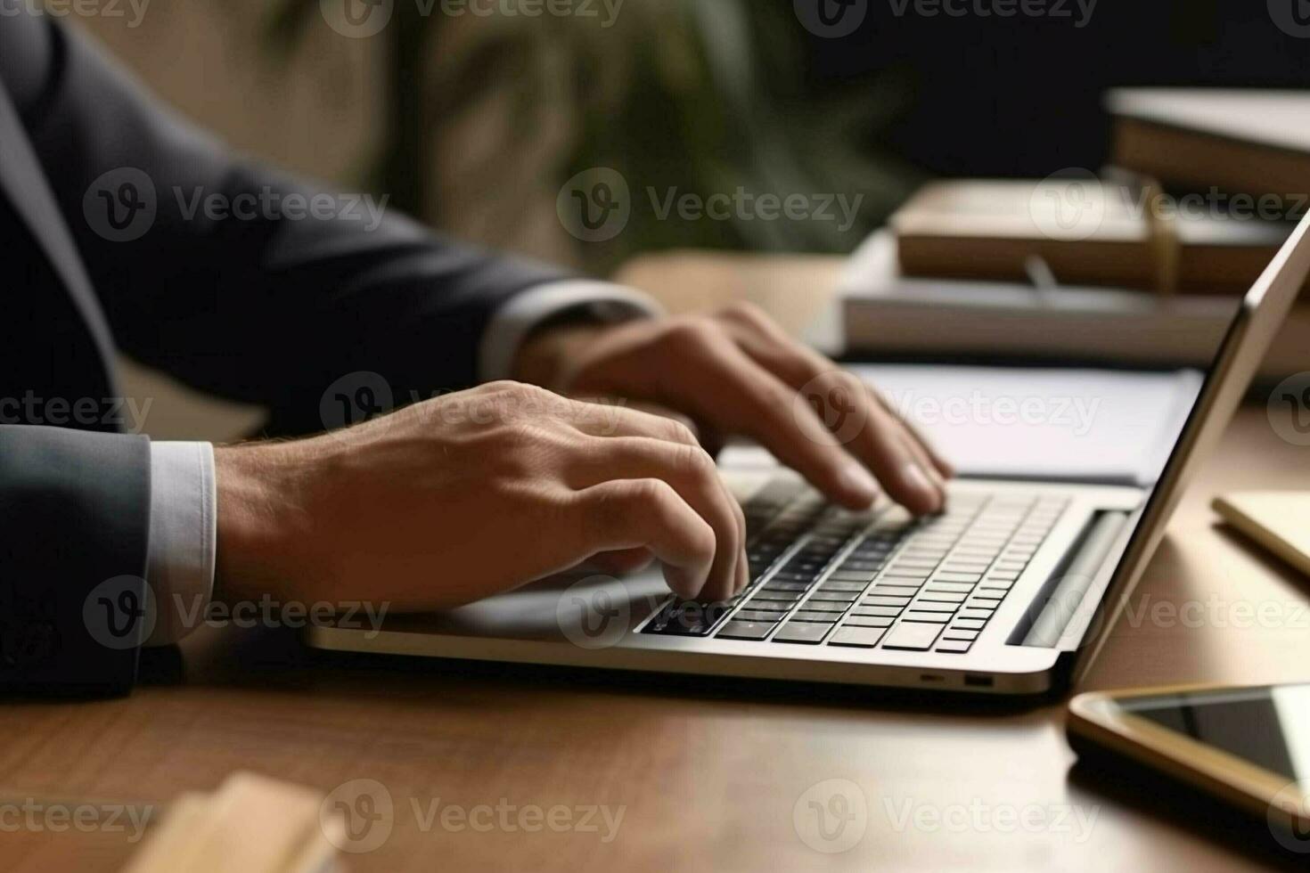 Closeup man's hands using laptop. Business communication concept. generative ai. photo