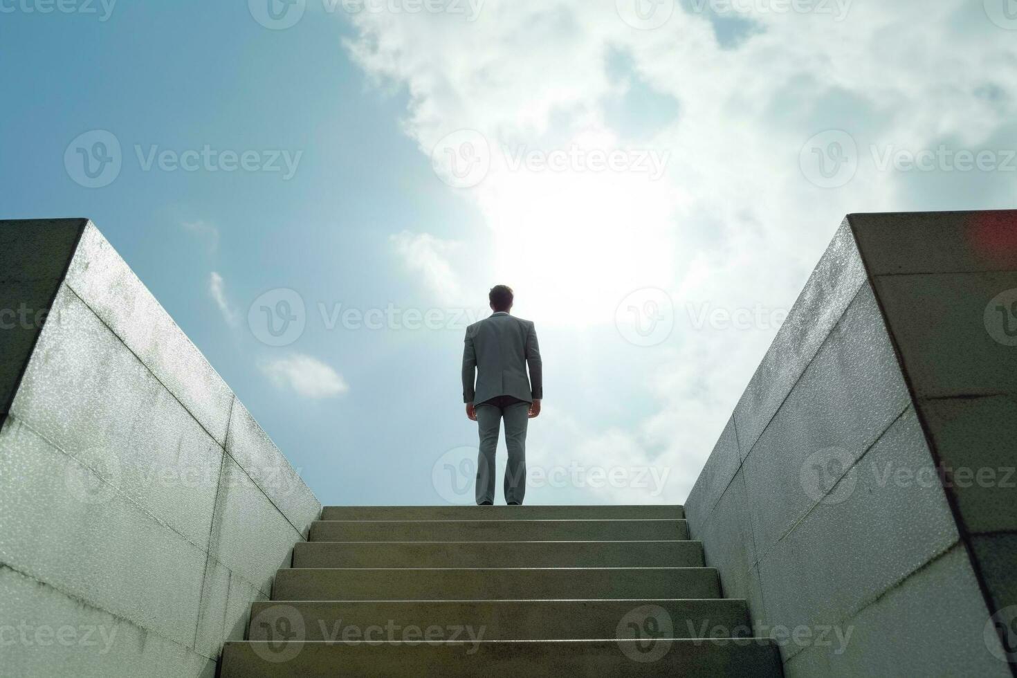 Businessman on ladder celebrating success on beautiful landscape and sky background. Leadership and success concept, generative ai. photo