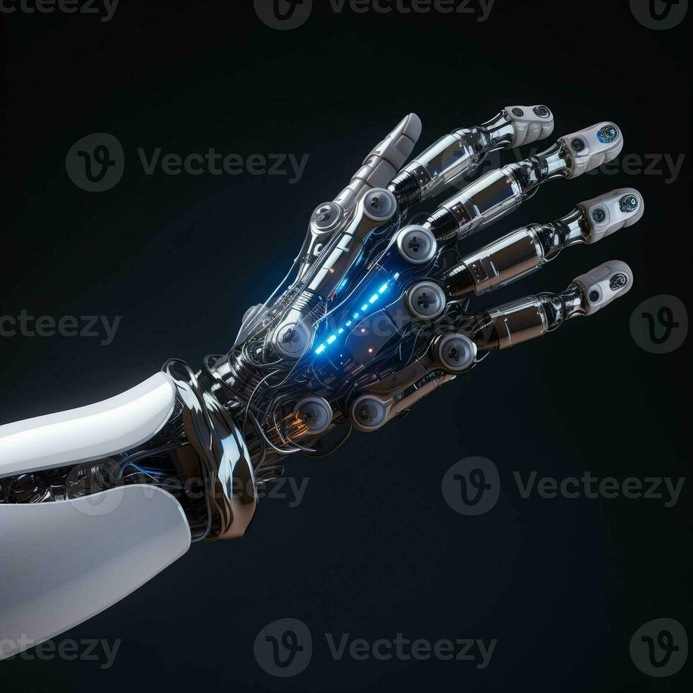 Futuristic design gesture concept. A robotic mechanical arm looks ike a human hand. Cybernetic organism. generative ai. photo