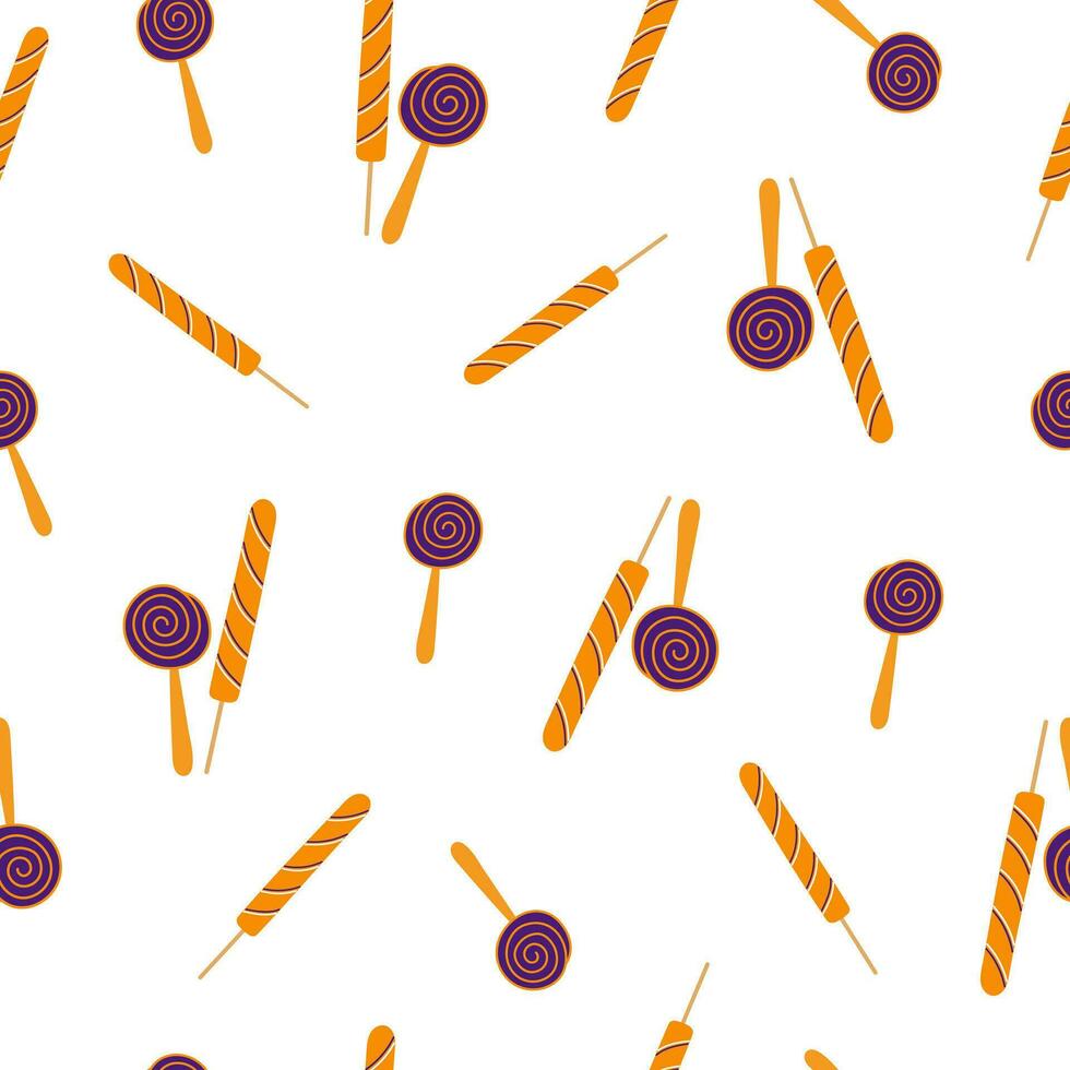 Lollipop long round swirl candy on stick seamless pattern, simple cartoon hand drawn repeat vector illustration, Halloween holiday traditional symbol for textile, gift paper, trick or treat