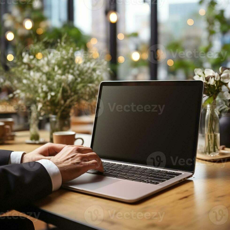 Plain cellphone and laptop mockup with modern lifestyle design workspace background for work and communication, great for networking, business, marketing etc. Ai generative image photo