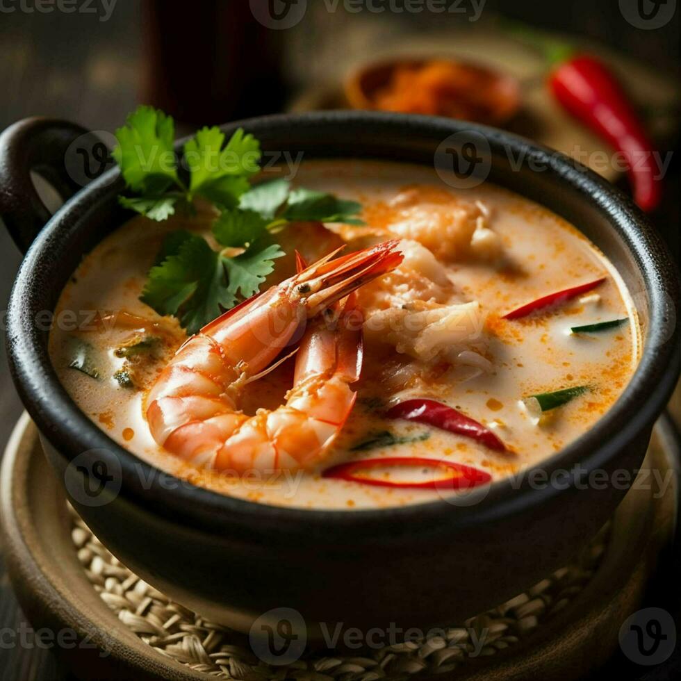 Tom Yam Kung ,Prawn and lemon soup with mushrooms, thai food in bowl. Generative Ai. photo