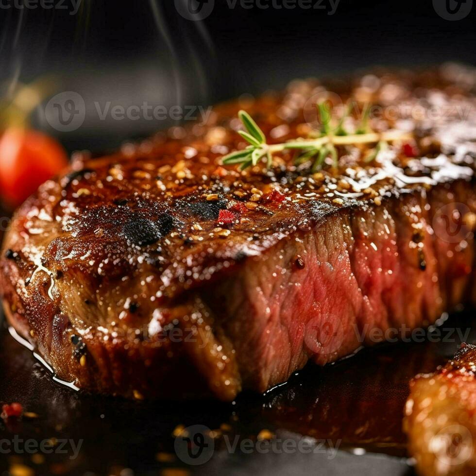 A steak on a cutting board with herbs and spices. generative ai. photo