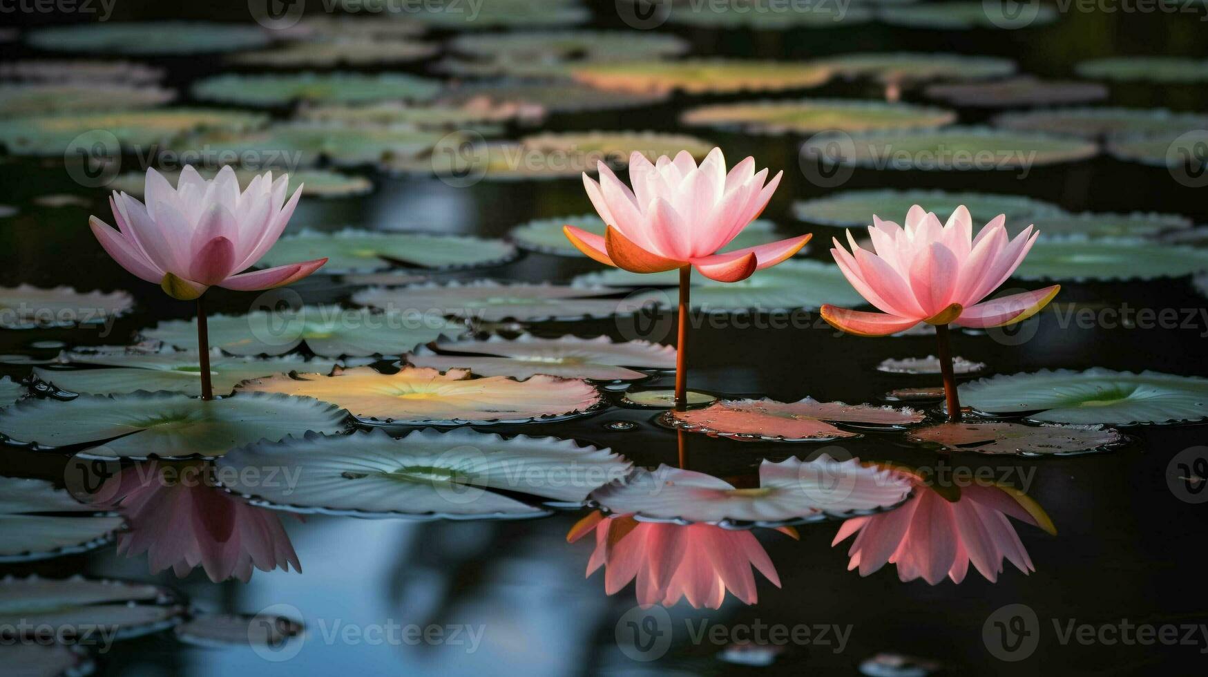 Beauty blossom lotus flower in pond and reflection on surface. generative ai. photo
