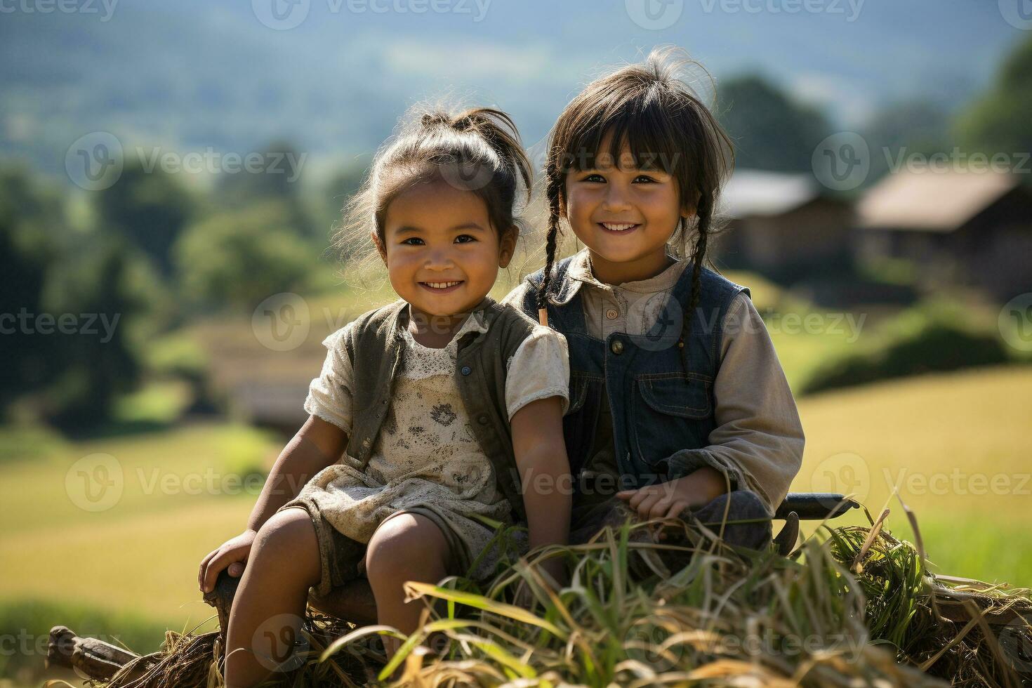 Cute children in the countryside. generative ai photo