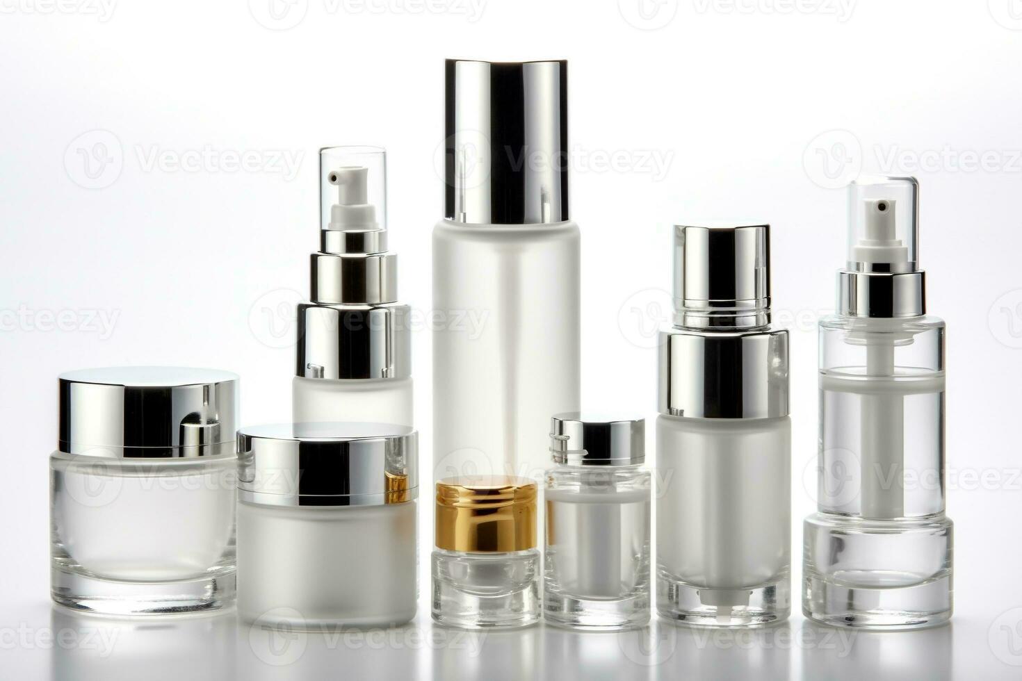 Cosmetic tubes on white background. White and silver colors. Generative ai. photo