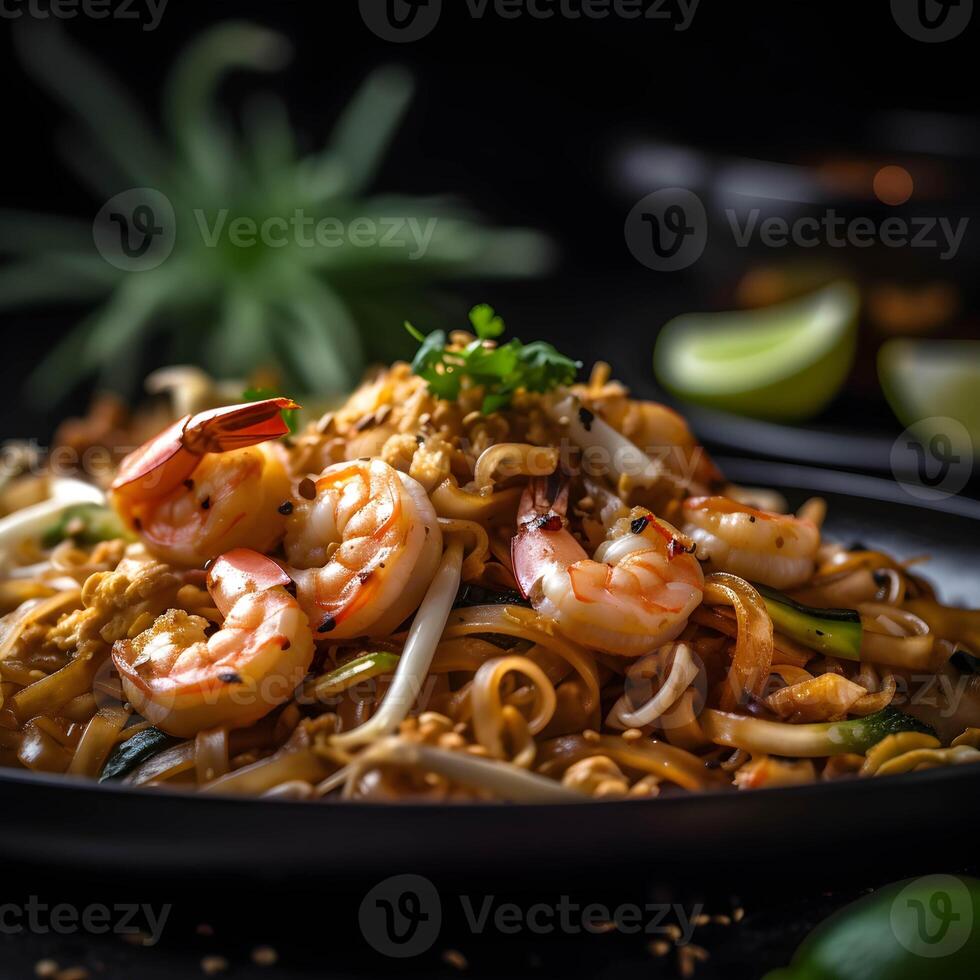 Pad Thai with vegetables on a dark background, . photo