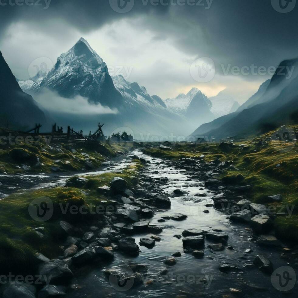 Beautiful landscape of mountains, flowing rivers and valleys in the highlands, great for websites, blogs, backdrops, business etc. Image from generative ai photo