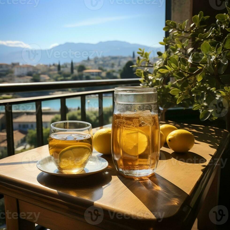 Lemon squeezed lifestyle healthy and diet drink on table, refreshing drink improves mood and prevents free radicals. Great for websites, businesses, social media etc. Ai generative image photo