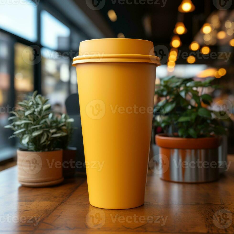 un taza de amarillo el plastico taza con blanco y difuminar fondo, genial para Bosquejo, marketing, decoración, negocio, en línea tienda materiales, social medios de comunicación. generativo ai imágenes foto