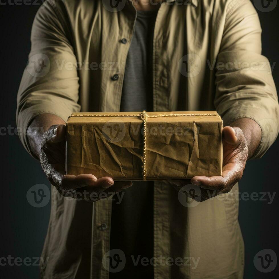 Courier brings cardboard boxes to customers, delivery service to customers, packing cardboard boxes. Great for business, giving, job career, websites, services. Generative Ai concept photo