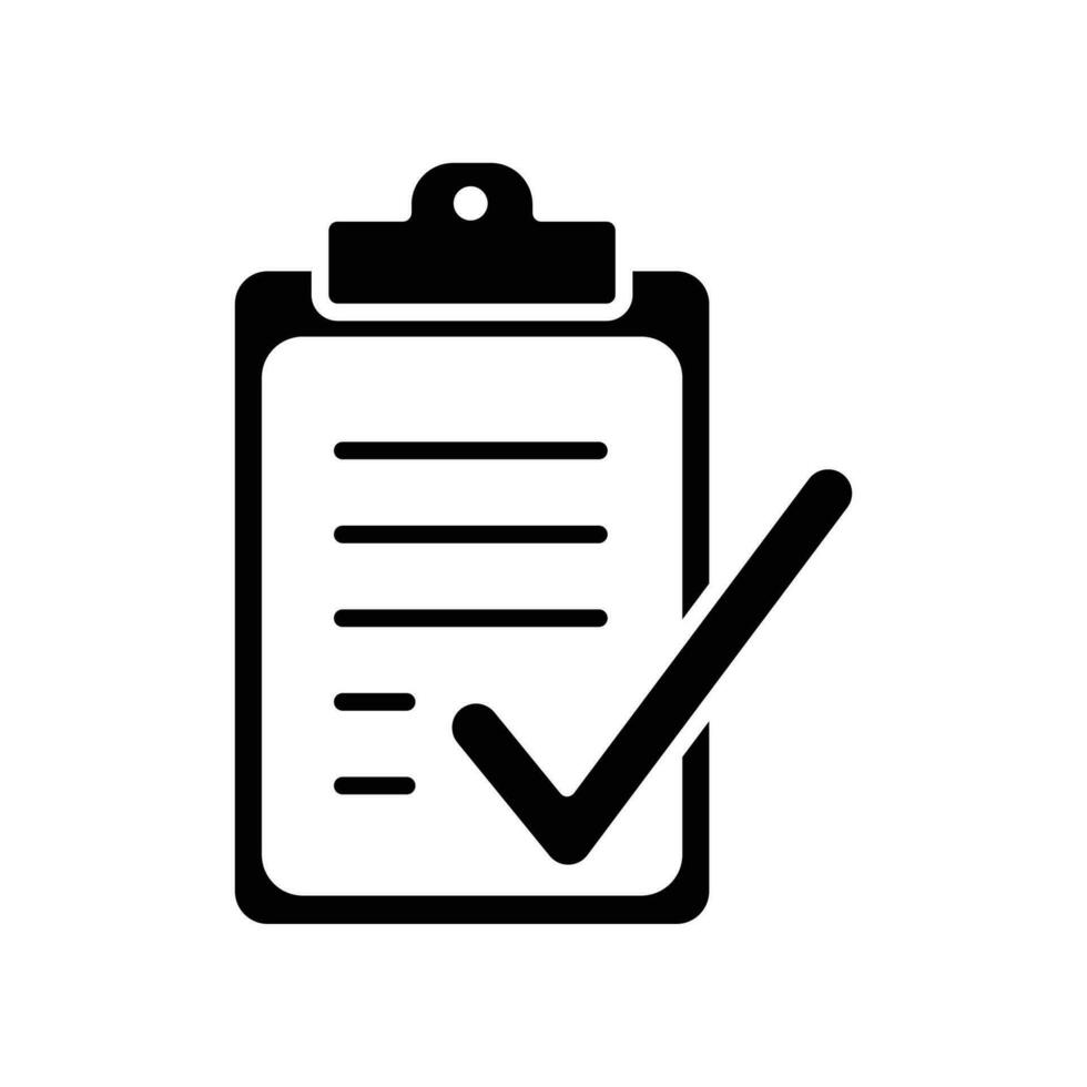 Check list document glyph icon. Clipboard, paper and check mark. office note approval, notepad, contract form, survey test solid style pictogram Vector illustration. Design on white background. EPS 10