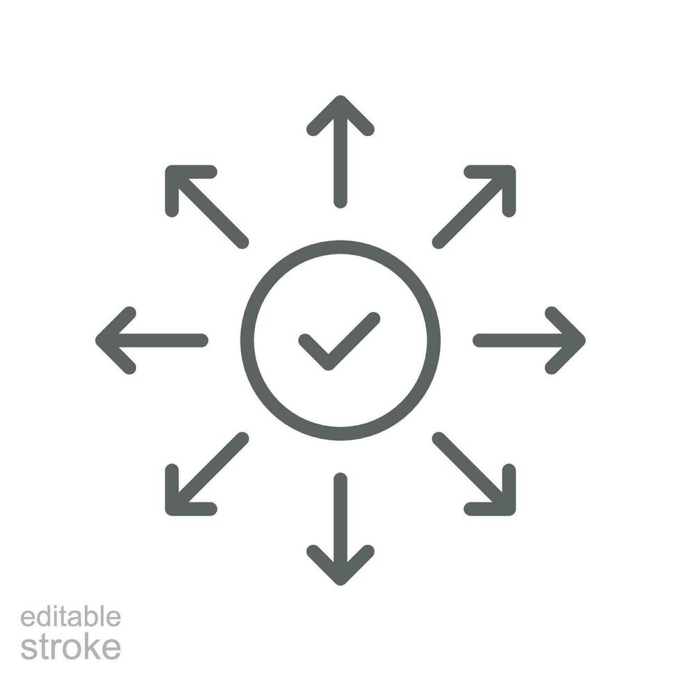 Distribution and launch line icon. Product release marketing. Success networking, check mark button with arrow spreading. outline pictogram. Vector illustration. Design on white background. EPS 10