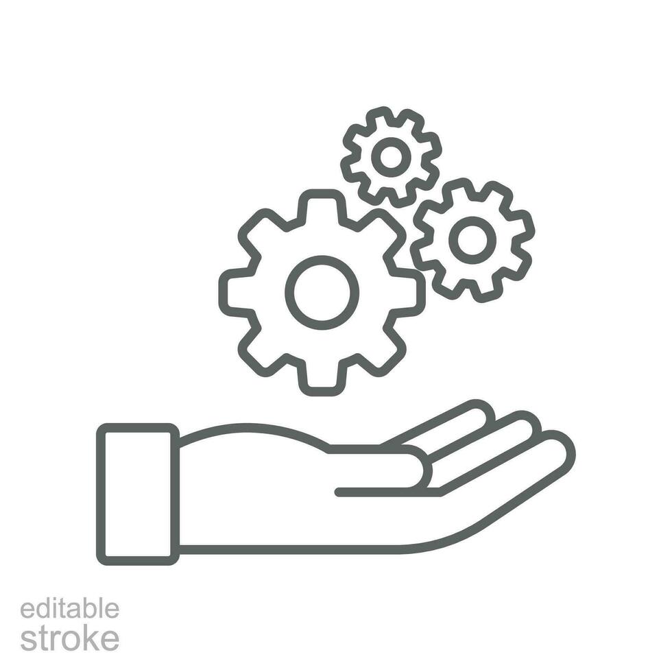 Installation and support line icon. Gears in hand for repair service process setting. Engineer job, Technology support. Editable stroke. Vector illustration. Design on white background. EPS 10