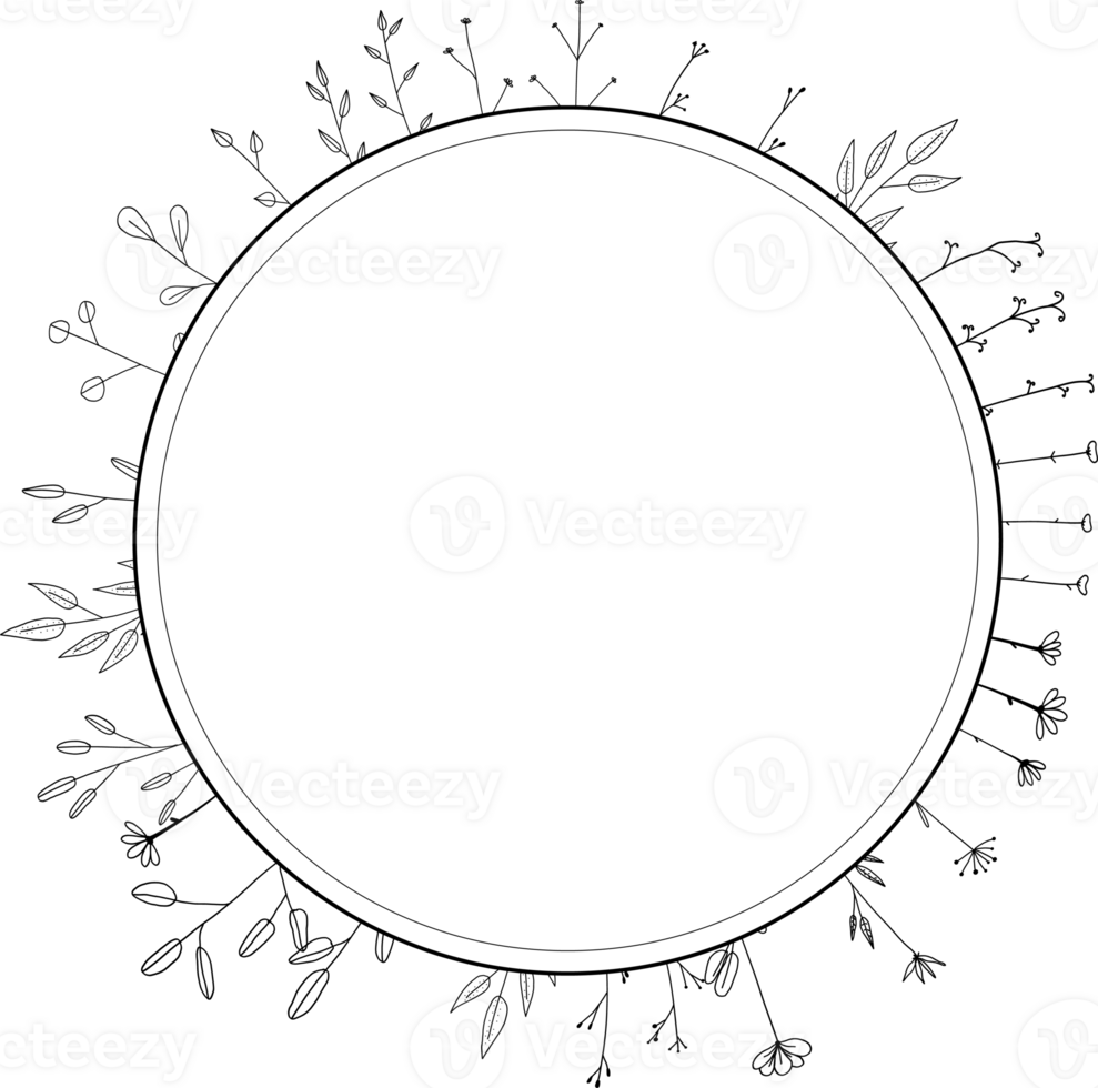 Doodle botanical circle frame on transparent background. png