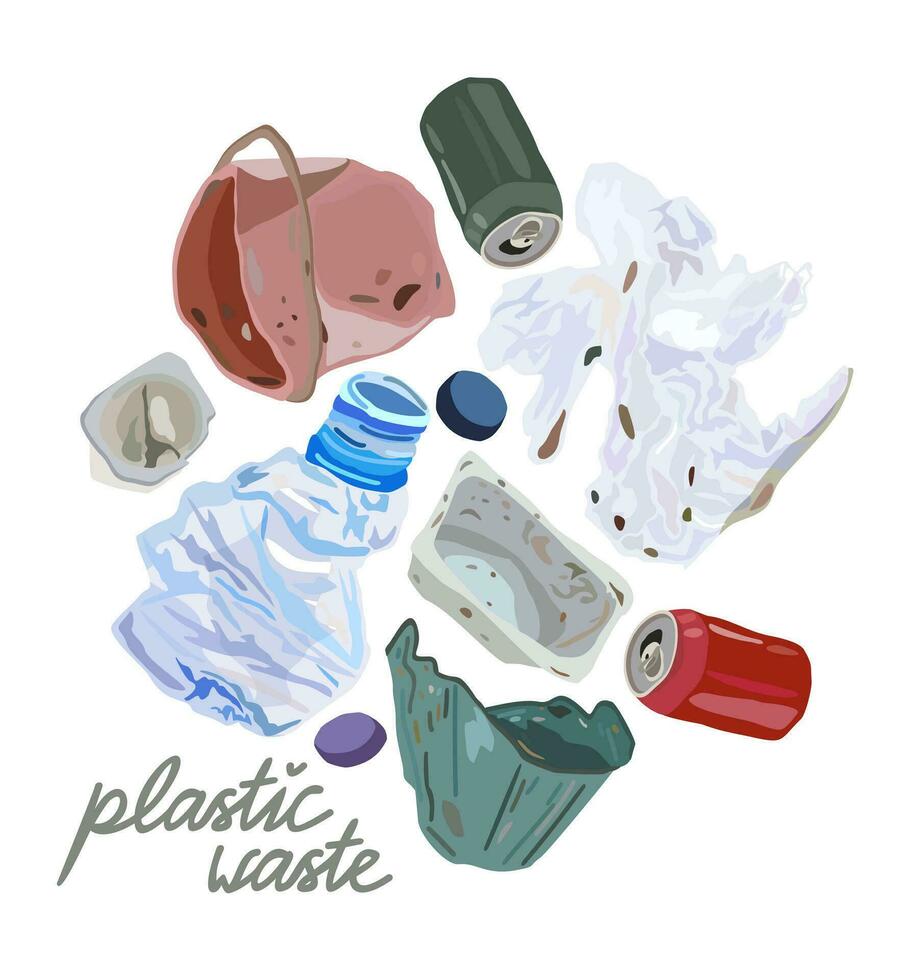 Plastic waste. Stop using plastic package. Vector isolated illustration with lettering