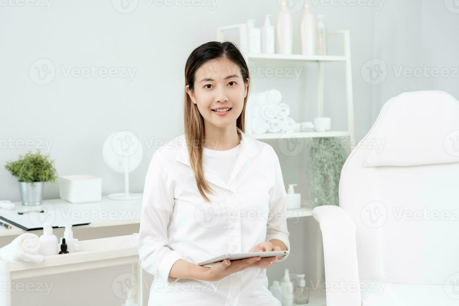 Dermatology and beauty clinic, portrait Aesthetic Doctor, VIP customer by expert dermatologists. Beauty salon, spa, massage with equipment to to help relax, physiotherapy, relaxing massage, treatment photo