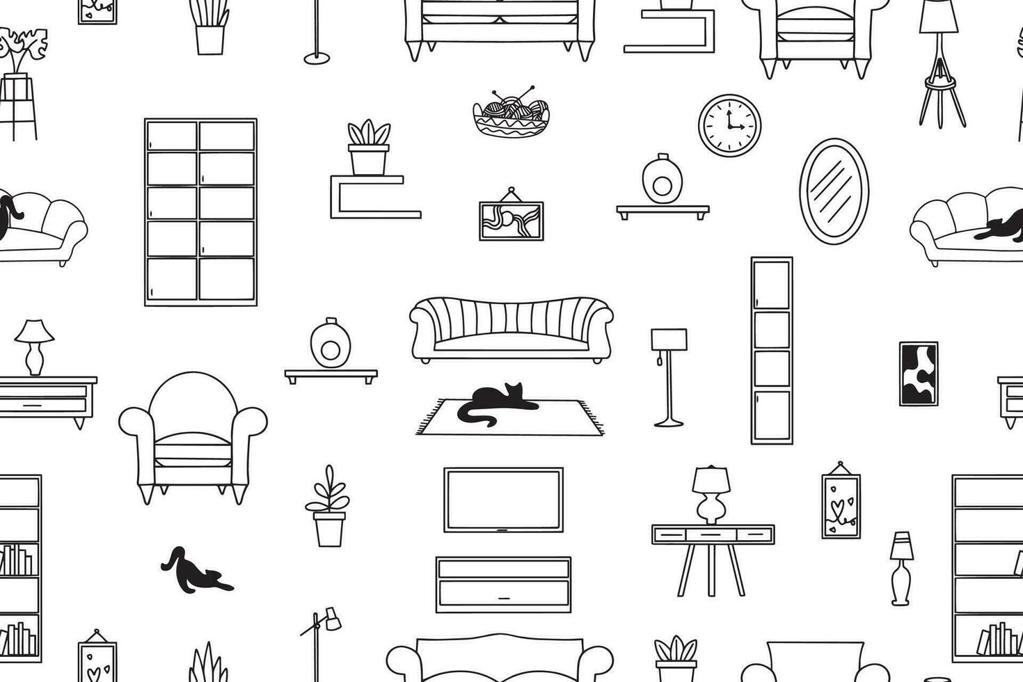 Seamless pattern of furniture, lamps, interior items. Modern vector illustration for banner, web page, print media.