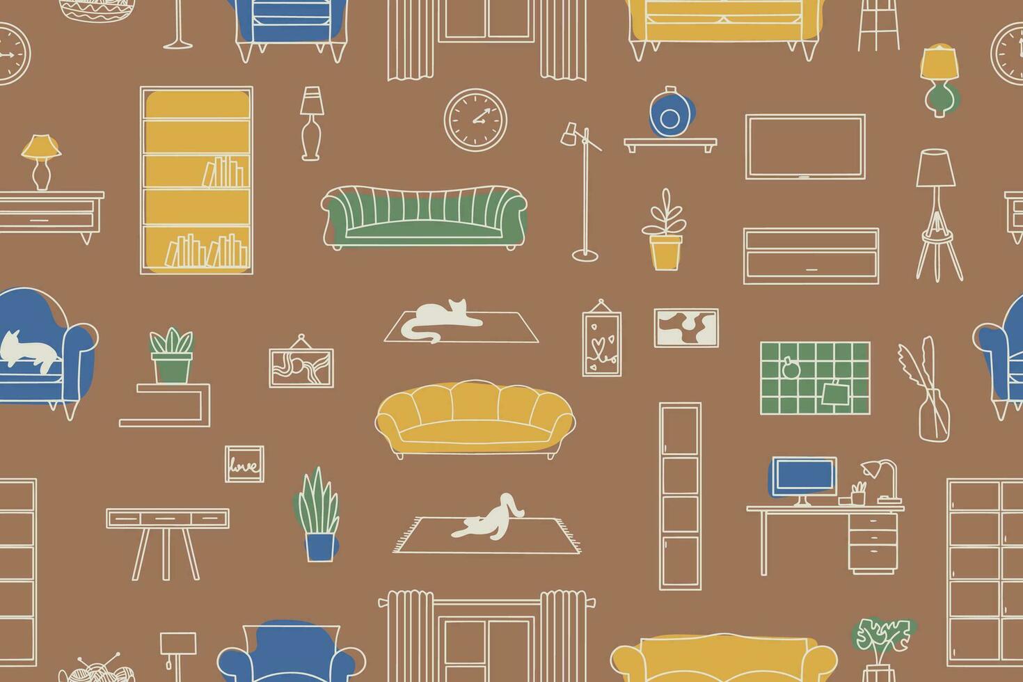 Seamless pattern of furniture, lamps, interior items. Modern vector illustration for banner, web page, print media.