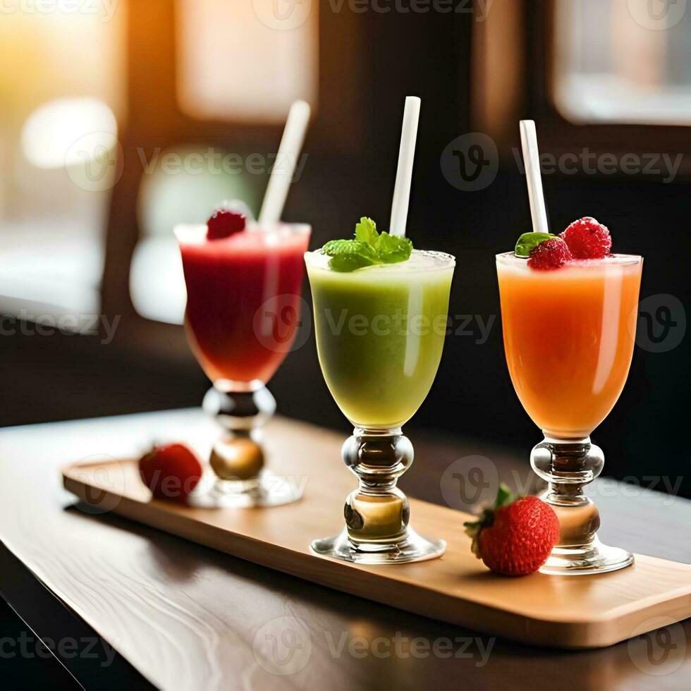 Juice and ice in smoothie glass with indoor atmosphere in cafe served on table tray, great to use for background, website, company, business, and healthy diet magazine. Concept of generative Ai photo