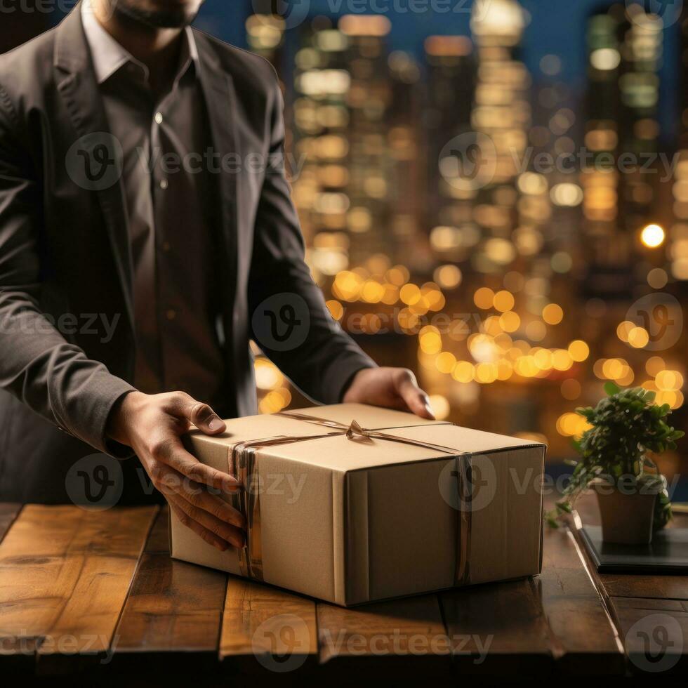 Courier brings cardboard boxes to customers, delivery service to customers, packing cardboard boxes. Great for business, giving, job career, websites, services. Generative Ai concept photo