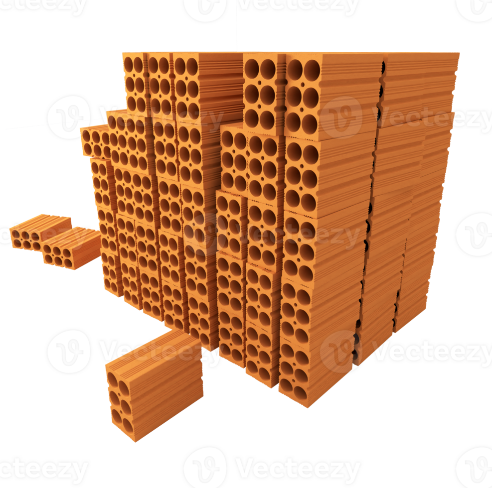 Pile of construction clay bricks. png