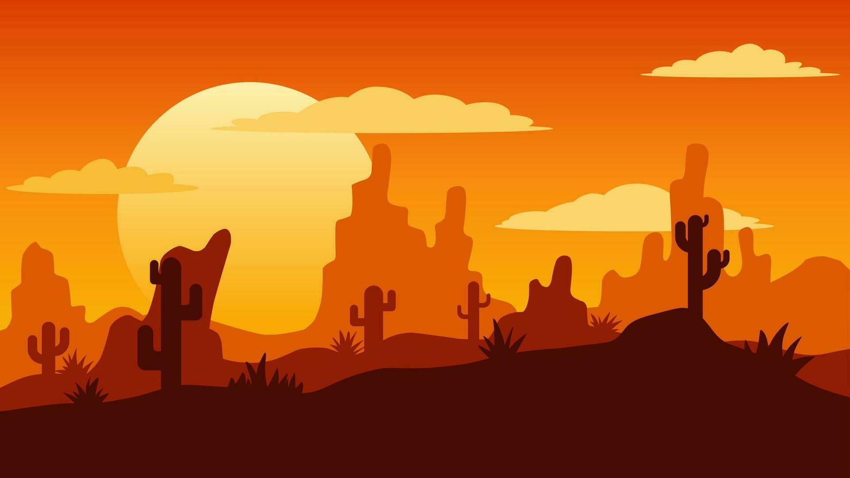 Desert landscape vector illustration. Canyon desert landscape with cactus, ridge and stones. American desert landscape for background, wallpaper, display or landing page. Illustration of wild west