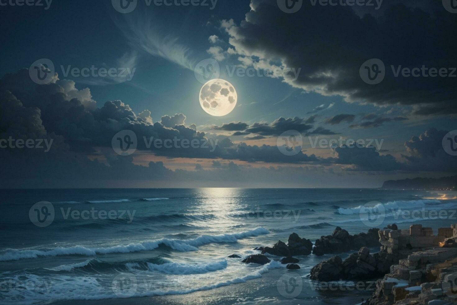 romantic and scenic panorama with full moon on sea to night. AI generated photo