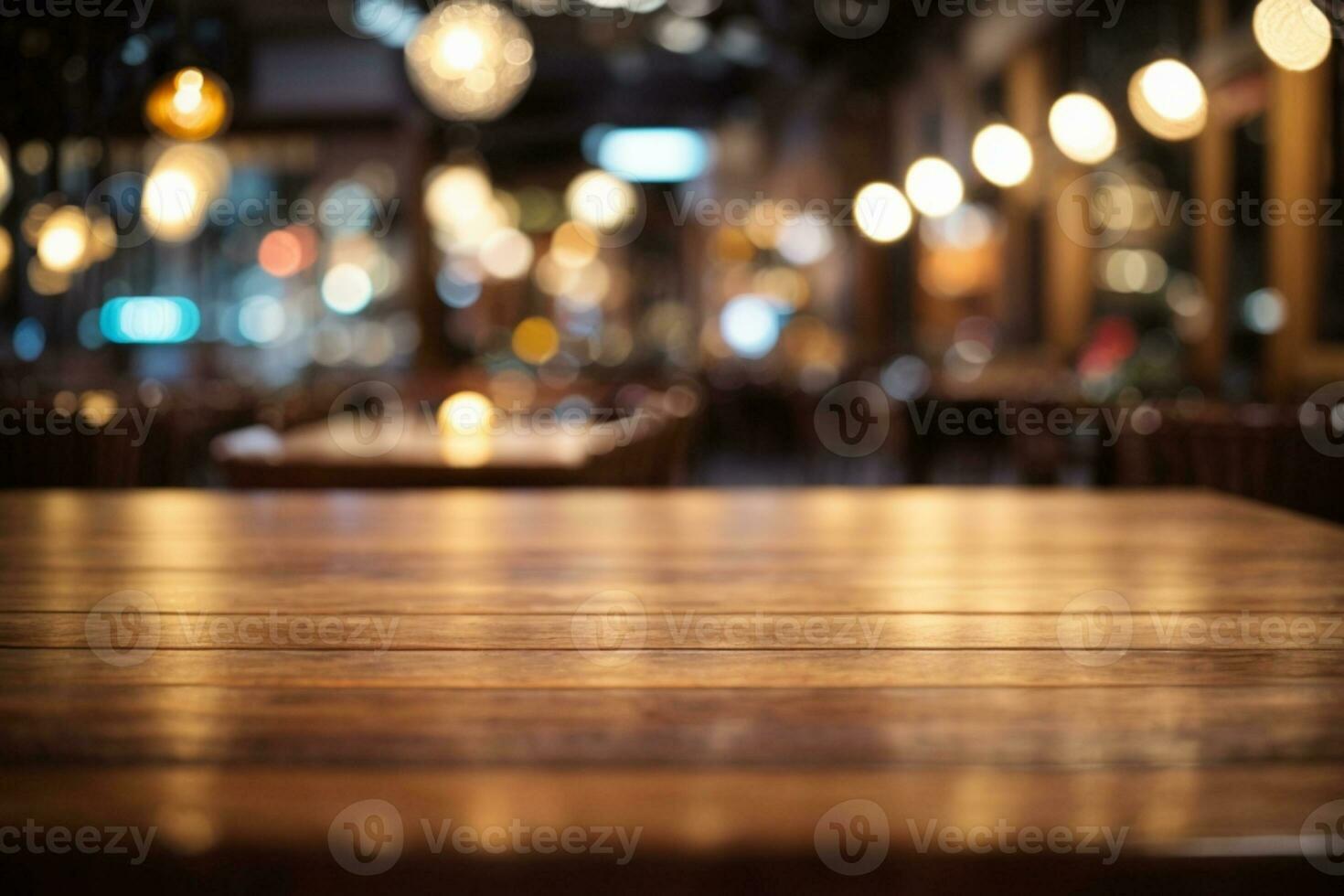Empty wooden table top with lights bokeh on blur restaurant background.. AI generated photo