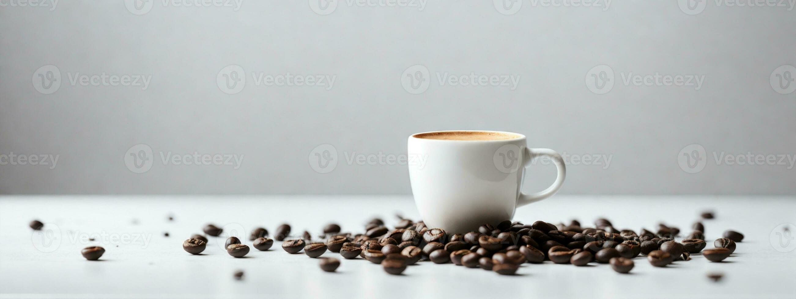 hot espresso and coffee bean on white table with soft-focus and over light in the background. top view. AI generated photo